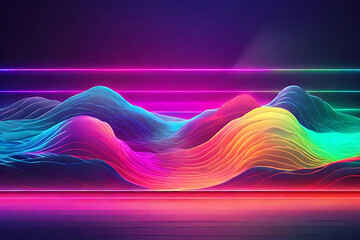 Abstract colorful landscape with neon lights, vibrant rainbow hills, digital art background
