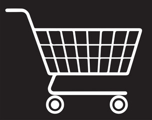 A white outline vector image of a shopping cart, featuring a basket grid and wheels, set against a black background, representing retail or e-commerce.