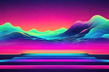 Abstract vibrant neon landscape with layered colorful mountains and platform