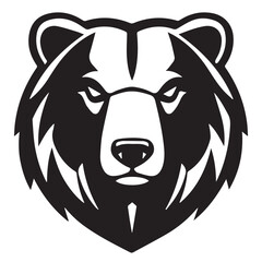 Obraz premium A stylized black and white vector illustration of a bear's head, featuring a strong, aggressive expression with visible teeth and dark eyes.