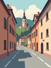 Reutlingen, Germany - Spreuerhofstraße, Achalm Castle Ruins, Marienkirche in brick brown, narrow lane gray, church beige, and hilly green