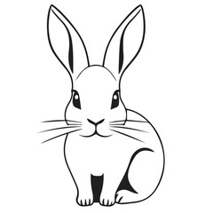Black and white vector illustration of a cute rabbit, facing forward with long ears, perfect for nature, pet, or animal-themed designs.