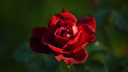 A beautiful red rose blooms in the garden, a symbol of love and nature's floral beauty