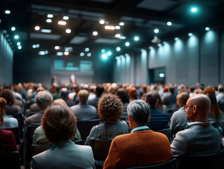 Audience attending large business presentation in modern conference hall