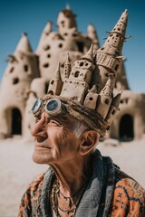 Elderly male with unique clay castle hat near imaginative sand structures.