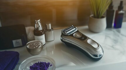 A sleek electric shaver rests on a bathroom counter surrounded by toiletries, a plant, and a towel, bathed in warm natural light.