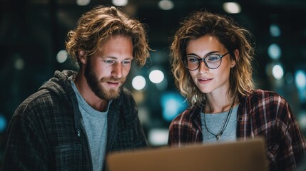 Two focused professionals collaborating on laptop in modern creative office workspace. Teamwork - driven colleagues engage in project discussion, showcasing tech