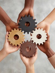 Diverse hands holding colorful gears, symbolizing teamwork and collaboration.