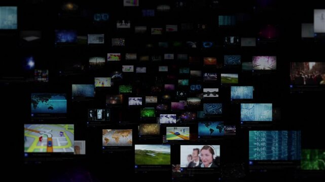 A Wall Of Bright Video Screens Containing Diverse Theme Data In A Dark Internet Made Of Millions Of Flying Screens Blocks. Technology Animation.