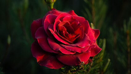 A beautiful single red rose blossom with a dewy leaf in the morning sun