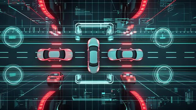 Autonomous Cars Driving On Smart Highway With Neon Lights And Digital Interface At Night
