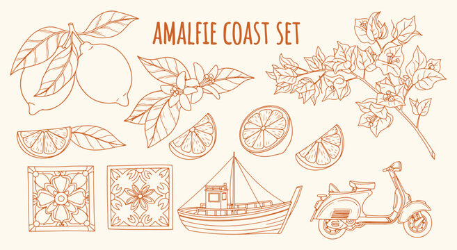 Amalfi Coast line-art pack. Lemons and slices, bougainvillea bloom, hand-painted tiles, wooden fishing boat and classic scooter in peach outline for sunny travel prints
