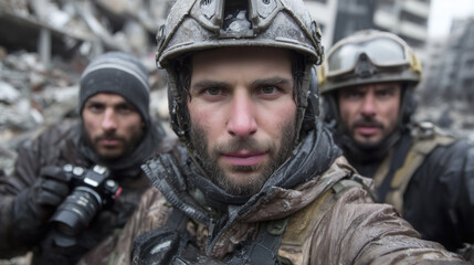 Fototapeta premium Photojournalists and soldiers in war zone ruins, close-up in cold weather