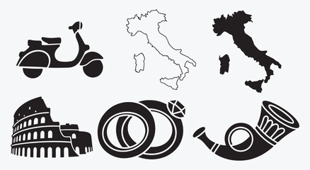 Iconic Italy graphic pack. Vespa scooter, Italy map, Colosseum, wedding rings and postal horn in bold black silhouettes for travel posters and logos