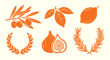 Mediterranean harvest silhouette set. Olive branch, lemon, fig halves, laurel wreath and rosemary sprig in warm orange for rustic kitchen branding