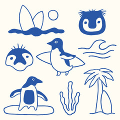 cute drawing penguin surfing cartoon illustration