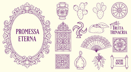 Promessa Eterna Sicilian heritage set. Baroque oval frame, azulejo tiles, Trinacria emblem, cactus pads, fan, lantern, cart wheel and chili ristra in delicate lavender line © MH HASIB