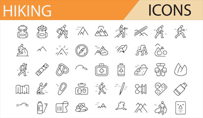Set of Icons Representing Hiking, Mountain Climbing, and Outdoor Gear for Design Use