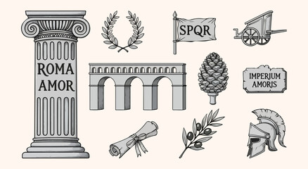 Ancient Rome symbol bundle. Fluted column, laurel wreath, aqueduct, Roman chariot, SPQR flag, pine cone, olive branch scroll and legionary helmet in graphite sketch style