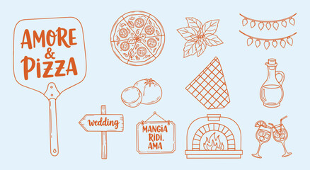 Amore e Pizza party icon set. Wood paddle sign, Margherita pie, basil sprig, tomatoes, oven, olive oil cruet, checkered napkin, bunting and prosecco glasses in warm terracotta line