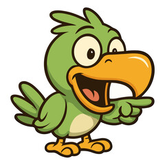 Cartoon green toucan pointing with happy expression on white