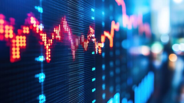 Close up of a stock market chart with red and orange lines on a blue background showing fluctuations