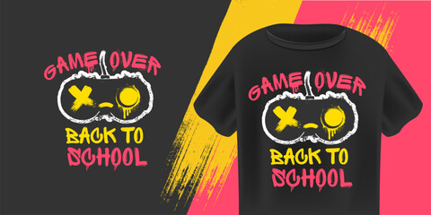 Game Over Back to School T-Shirt Design Vector Stylized Pink and White Gaming Controller with Grunge Texture on Black Background, Ideal for Students and Youth