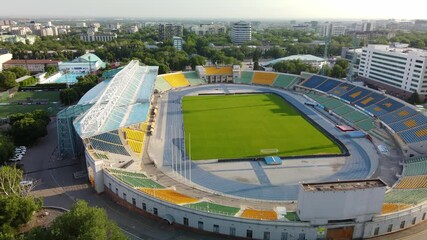 June 12, 2025 Almaty Kazakhstan: Central Stadium of Almaty, aerial view. View of the city's sports stadium.