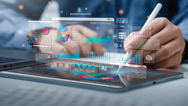 An analyst uses Data analytics automated with AI technology. Business analysis dashboard report, Data science visualization,
artificial intelligence automation. Operations charts and KPI insights.