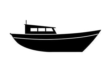 Naklejka premium A simple black silhouette of a small motorboat is isolated on white background