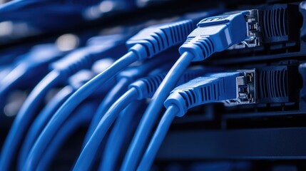 Ethernet cables with RJ connectors placed in rows on a network installation bench