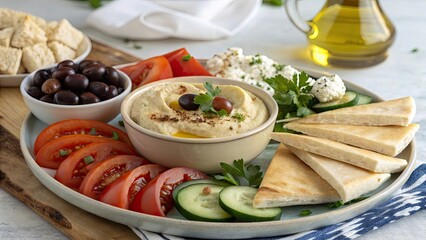 Delicious mediterranean mezze platter with hummus