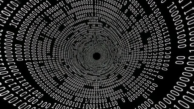 Abstract tunnel of binary code, zeros and ones, data stream concept. Technology background with digital information.