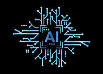 Artificial intelligence icon with circuit board isolated on black background