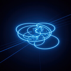 Complex web of neon blue laser ring light creates futuristic abstract energy field. mysterious glowing portal with circular patterns against dark background