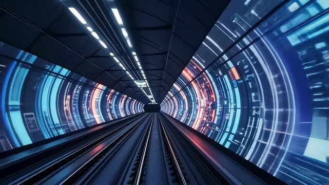 Modern futuristic subway tunnel with digital city graphics and train tracks, technology transport concept.