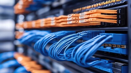 Network patch cables and LAN wires neatly aligned on a server rack shelf