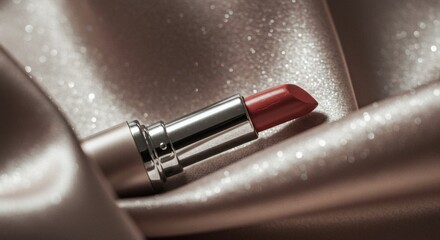 Naklejka premium Elegant Red Lipstick on Luxurious Shimmering Satin Fabric Close Up Beauty Shot