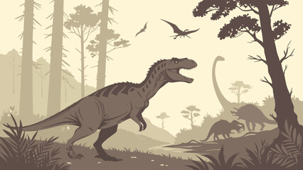 Dinosaur a highly detailed and realistic vector-style illustration of a prehistoric forest scene featuring dinosaurs. Isolated vector illustration. 