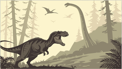 Dinosaur a highly detailed and realistic vector-style illustration of a prehistoric forest scene featuring dinosaurs. Isolated vector illustration. 