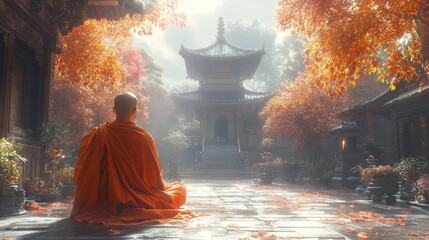 A young monk learning from an elder in a temple courtyard, peaceful and inspiring atmosphere. 