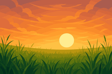 Tranquil field of grass during a beautiful sunset. Vector cartoon landscape illustration with a low sun, orange sky, and clouds. Serene rural nature scenery background for design.