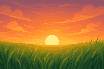 Vector cartoon landscape of a tranquil field of grass at sunset or sunrise. Beautiful nature scenery with a warm orange sky, clouds and sun on the horizon. Peaceful rural view background.