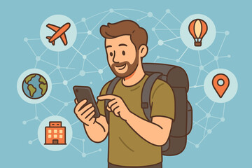 Male traveler with backpack plans journey using mobile app. Online booking service for flights and hotels concept. Tourist navigating with smartphone. Vector cartoon illustration.