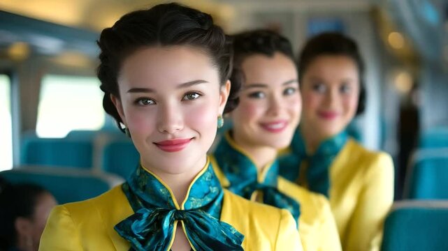 A vibrant image of three air hostesses lined up beside first-class seats, each with a unique hairstyle and confident smile, embodying global professionalism