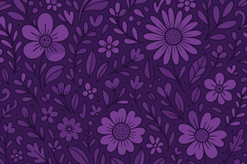 Seamless floral pattern in vibrant shades of purple. Vector background with hand-drawn doodle flowers, leaves, and hearts. Botanical cartoon illustration with a paper texture.