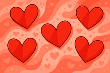 Vibrant red paper hearts on an abstract wavy background. Cute cartoon vector for Valentine's Day. Love and romance concept for greeting card, wedding or anniversary design.
