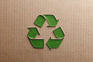 A green recycle symbol cut out of cardboard, promoting environmental awareness and eco-friendly practices, representing sustainable resource management.