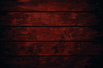 Dark red weathered wood texture background. Grunge rustic wooden planks with old peeling paint. Moody vintage backdrop with vignette. Vector illustration of distressed timber surface.