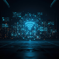 Futuristic blue neon wifi symbol representing global internet connection and communication technology. network concept showing future of wireless data connectivity